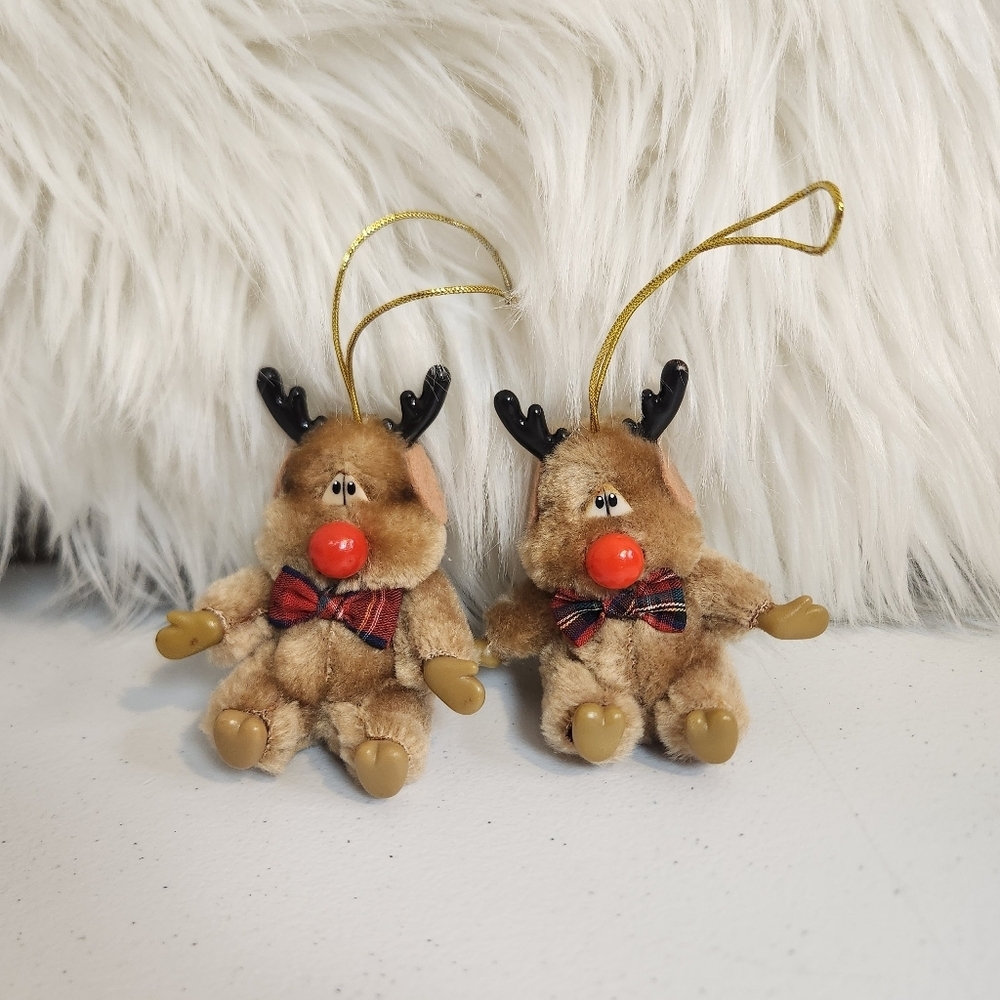 Vintage Russ Berrie Christmas Rudolph Pensive Reindeer Ornaments Lot Of 2 Kitsch